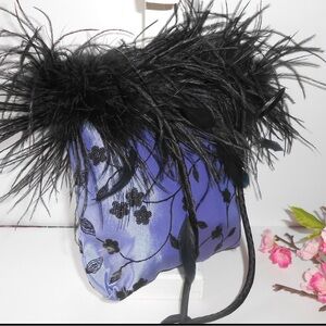 Vintage feather taffeta purse satin purple black feather